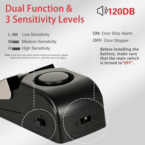Close-up of Dual Protection Door Lock Alarm Kit showing sensitivity levels and switch options for travel and home use.