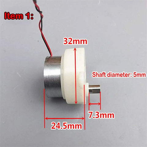 DC Gear Motor 3-9V Slow Speed 2.5-11 RPM Micro Geared Motor with dimensions labeled, side view showing plastic gearbox