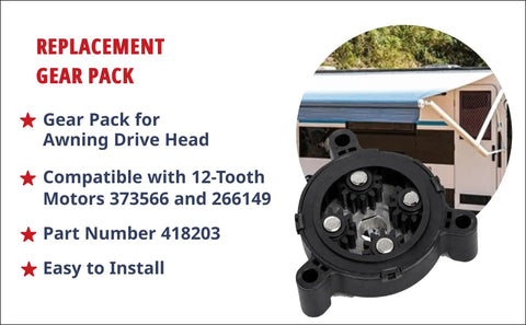RV Awning Drive Head Gear Pack Compatible With 373566 And 266149 shown with part details and installation features