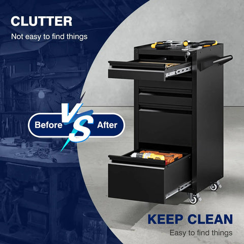 On Wheels 5-Drawer Metal Tool Cabinet Rolling Chest With Locking Keys Heavy Duty Tool Storage Organizer For Garage Shop Warehouse Workshop Durable Steel Construction And Easy Mobility, black steel chest with drawers open