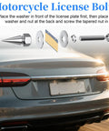 Badass Spiked License Plate Screws Four Pack Anti Theft Security Bolts For Cars And Motorcycles Silver Chrome Finish shown on motorcycle.
