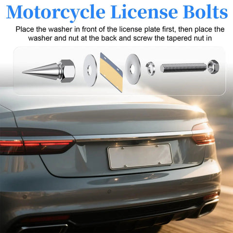 Badass Spiked License Plate Screws Four Pack Anti Theft Security Bolts For Cars And Motorcycles Silver Chrome Finish shown on motorcycle.