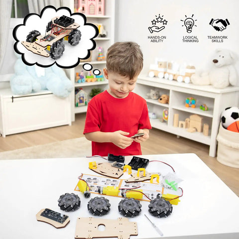 Child assembling RC Robot Car Kit For Kids Aged 8 To 16 Kid Friendly With Mecanum Wheels For Omnidirectional Movement STEM project
