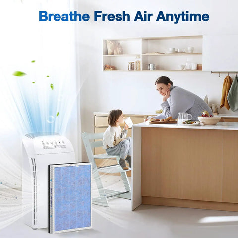 2 Pack MSA3 MSA3S HEPA Replacement Filter For MSA3 And MSA3S Air Purifiers in a kitchen setting with mother and child