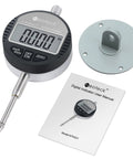 Front view of Neoteck digital dial indicator with stainless steel probe; silver-gray unit with mounting base and manual.