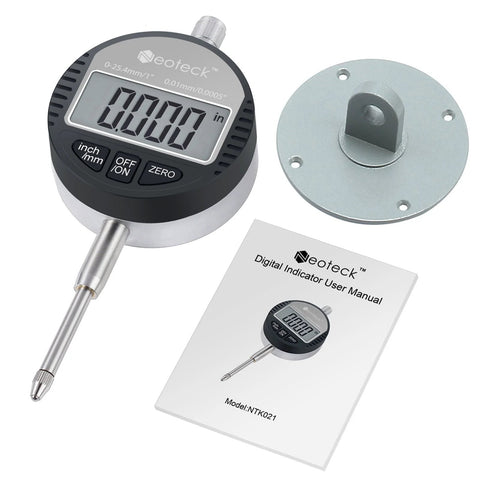 Front view of Neoteck digital dial indicator with stainless steel probe; silver-gray unit with mounting base and manual.