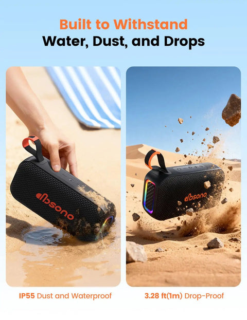 20W Bluetooth Speaker With Dope Stereo Sound 30 Hours Playtime IPX5 Water Resistant Portable Wireless Speaker With Deep Bass And Light Show Ideal Gift For Men Teens Adults Beach Vacation Essential Black, shown resistant to water and dust.