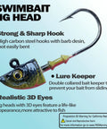 Straight Fire Swimbait Jig Heads With Realistic 3D Eyes And Tough High Carbon Steel Hooks In The Ten Pack For Saltwater Fishing showing strong hook design.