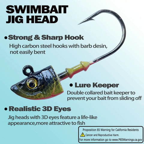 Straight Fire Swimbait Jig Heads With Realistic 3D Eyes And Tough High Carbon Steel Hooks In The Ten Pack For Saltwater Fishing showing strong hook design.