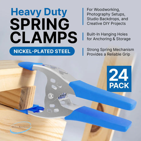 24 Pack 6 Inch Heavy Duty Spring Clamps Blue For Woodworking And Carpentry, 2.5 Inch Jaw Opening shown gripping wood blocks