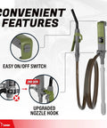 Heavy Duty Fuel Transfer Pump With Slick Quick Flow Control Nozzle And 10 FT Vinyl Discharge Hose showing easy on/off switch and upgraded nozzle hook.