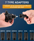 Hands holding adapters from Pro Grade Nitrogen Hydraulic Accumulator Charging Kit With 7 Couplings, 3 Gauges (1500/4000/6000 PSI).
