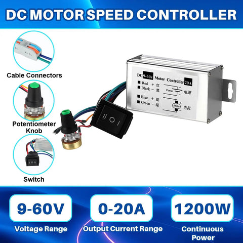DC motor speed controller with cable connectors, potentiometer knob, and switch, for 4 Pack 12V To 24V 775 DC Electric Motors