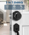 Slick Biometric Fingerprint Deadbolt Lock For Front Door delivering three unlock options: fingerprint, app, and key access on a white door.