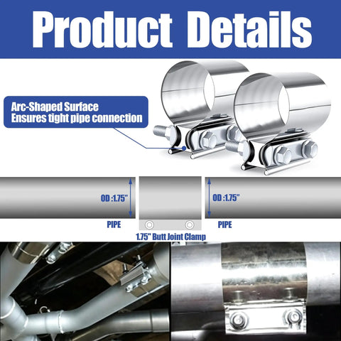 Two Pack 1.75 Inch Stainless Steel Exhaust Clamp Band Butt Joint Universal Widening Clamp For Exhaust System And Muffler Rust Resistant