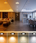 Living room and kitchen with 2700K to 5000K LED lights showing 2 Inch LED Recessed Lights 3W Dimmable Downlights 3000K Warm White CRI80 Energy Saver Replace 35W Halogen, Save Big On Electricity, Easy Install With LED Driver, Aviation Aluminum Build, 4 Pack