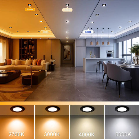 Room with various lighting temperatures showing 2 Inch LED Recessed Lighting Kit Dimmable Downlights 3W Energy Saving Replaces 35W Halogen CRI80 3000K