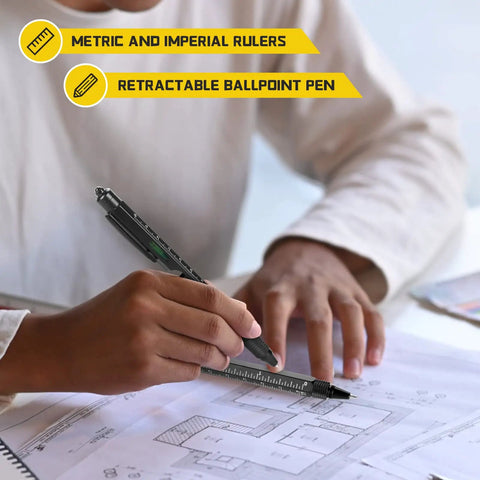 Fathers Day Gift For Dad And Men 9 In 1 Multitool Pen with Metric and Imperial Rulers in use on architectural plans.