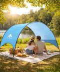 Couple under UPF 50 Plus Beach Tent Canopy With 360 Degree Ventilation Portable Sun Shade For The Fam at lakeside picnic on sunny day