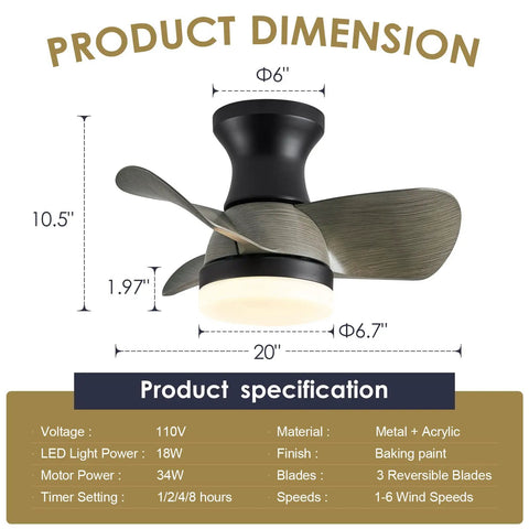 Product dimensions and specifications of 20 Inch Mini Ceiling Fan With Light Remote Quiet Flush Mount 3 Reversible Blades