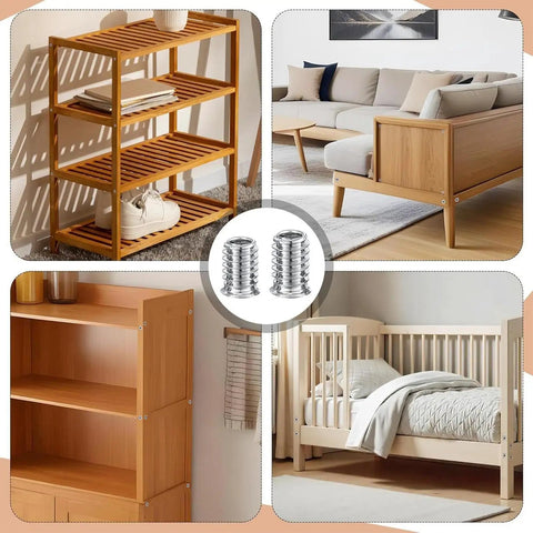 Premium Quality Heavy Duty Threaded Inserts For Wood With Precision Pre Drilled Socket Connectors And Hex Wrench Fasteners in furniture assembly scenes.