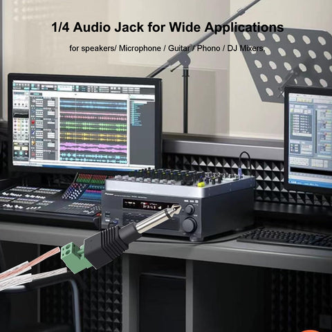Heavy Duty No Sweat Solderless Quarter Inch Mono Audio Jacks Four Pack connected to audio equipment in a studio setting.