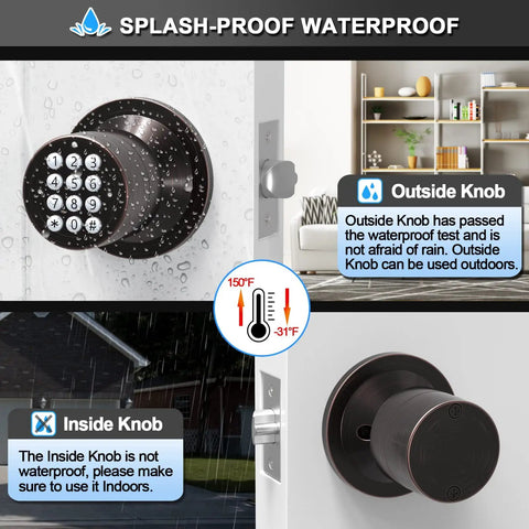 Keyless Entry Door Lock With Keypad And Smart Code, No Keys Needed, Oil Rubbed Bronze, splash-proof outside knob in rain
