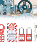 Six Hole Hasp Lockout Tagout Kit with red hasp, padlocks, and keys displayed on industrial valve background.