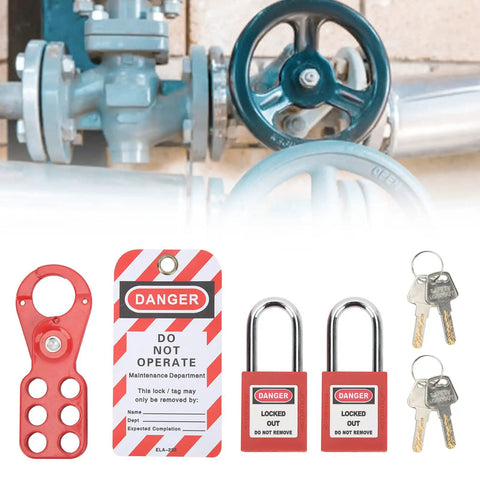 Six Hole Hasp Lockout Tagout Kit with red hasp, padlocks, and keys displayed on industrial valve background.