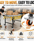Adjustable Roller Stand For Conveyor With Locking Wheels Supports Up To 980 Lbs Expandable Infeed Outfeed Support System Height Adjusts Up To 50 Inches, featuring 360° swivel casters.