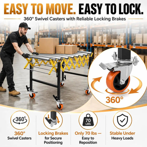 Tough As Nails Adjustable Conveyor Roller With 980 Lbs Capacity 25 Inch Wide Belt Modular Turning Layout Flexible Footprint For Smooth Heavy Lifts Workshop Setup And Easy Glide, featuring 360° swivel casters and locking brakes.