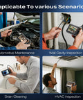 Image of uses for Endoscope Camera With Light 1920P HD Borescope, including automotive, drain, wall, and HVAC inspections.