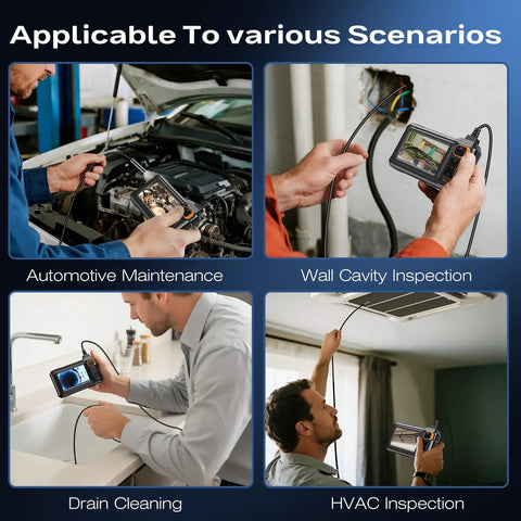 Image of uses for Endoscope Camera With Light 1920P HD Borescope, including automotive, drain, wall, and HVAC inspections.