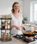 3 Tier Rotating Lazy Susan Spice Rack With Adjustable Height For Cabinet Pantry And Kitchen Counter quick glide smooth turn with spices and oils.