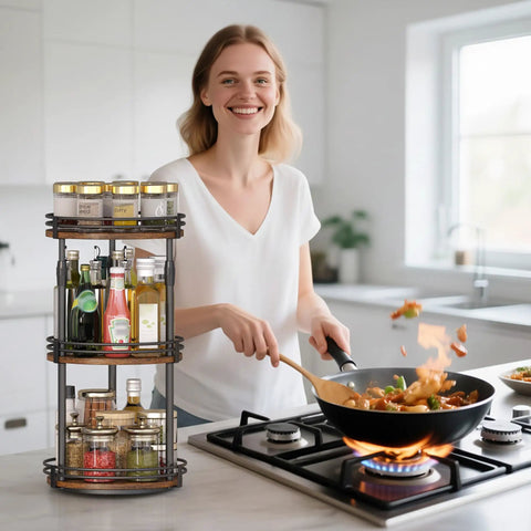 3 Tier Rotating Lazy Susan Spice Rack With Adjustable Height For Cabinet Pantry And Kitchen Counter quick glide smooth turn with spices and oils.
