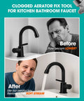 Before and after images showing faucet flow improvement using Badass Heavy Duty Four Piece Metal Faucet Aerator Removal Tool Set.