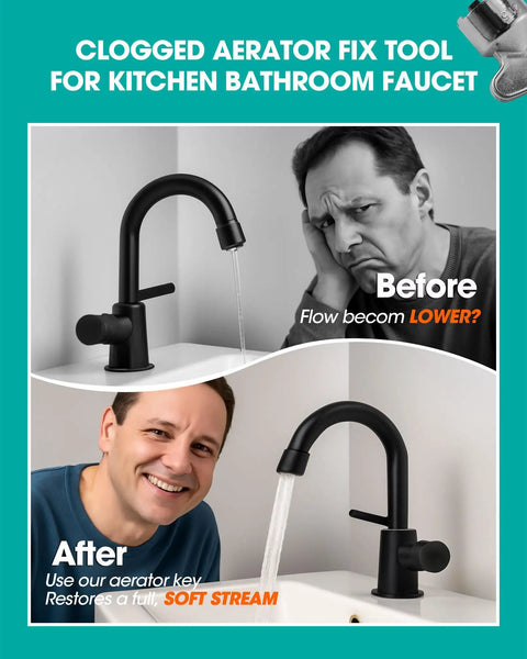 Before and after images showing faucet flow improvement using Badass Heavy Duty Four Piece Metal Faucet Aerator Removal Tool Set.