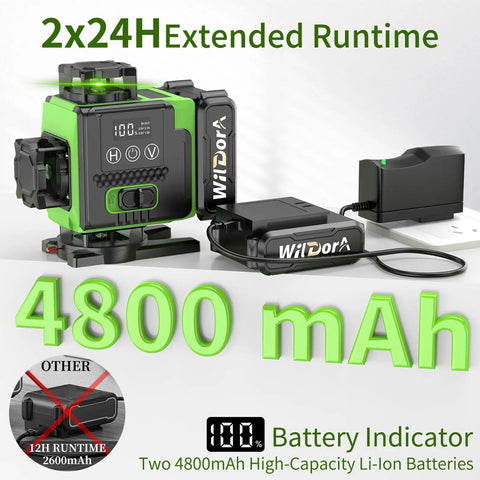 16 Line Green Laser Level Kit With 4x360 Degree Beams Auto Self Leveling For Pro Grade DIY Renovations Long Range Remote Dual 4800mAh Batteries 48 Hour Runtime Tripod And Hard Case with two 4800mAh batteries