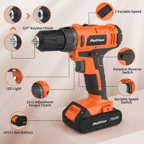 20V Cordless Drill Driver With Dual Batteries, 30Nm Torque, 21 Plus 1 Clutch, Two Speed Settings, Three Eighth Inch Keyless Chuck, Built In LED Light, Home DIY Power Drill Kit Orange in side view displaying features