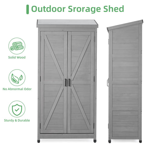 Outdoor Cedar Wood Storage Shed With Metal Top Built To Last Tall Vertical Tool Cabinet For Backyard Garden Patio And Lawn Weather Resistant 68 By 33 By 20 Inches Large Capacity For Tools And Gear Grey