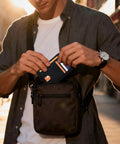 Man placing Ultra Slim Front Pocket Wallet For Men, RFID Blocking Credit Card Holder, Minimalist Sleek Travel ID Card Case into bag.