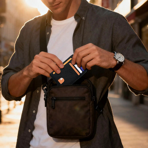 Man placing Ultra Slim Front Pocket Wallet For Men, RFID Blocking Credit Card Holder, Minimalist Sleek Travel ID Card Case into bag.