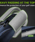 Front view of blue APTY padded golf club travel bag with wheels; 1680D wear-resistant Oxford fabric.