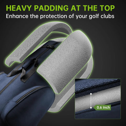 Front view of blue APTY padded golf club travel bag with wheels; 1680D wear-resistant Oxford fabric.