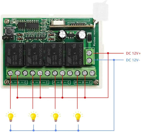 Diagram of 12V Wireless Relay Remote Switch Kit With 4 Channel Relay Module 433MHz Transmitter Receiver For Lights.