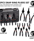 12 Piece Snap Ring Pliers Set For Internal And External Circlips With Straight And Bent Jaw Tips Includes 6 8 And 9 Inch Pliers And 0.038 0.047 0.070 0.090 Inch Ranges In A Storage Case Heavy Duty Kit For Easy Ring Installation And Removal displayed with storage case and pliers