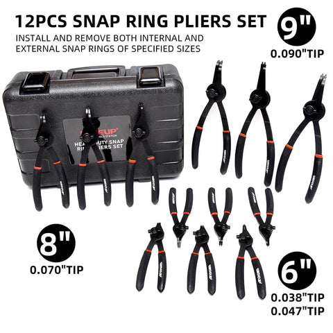 12 Piece Snap Ring Pliers Set For Internal And External Circlips With Straight And Bent Jaw Tips Includes 6 8 And 9 Inch Pliers And 0.038 0.047 0.070 0.090 Inch Ranges In A Storage Case Heavy Duty Kit For Easy Ring Installation And Removal displayed with storage case and pliers
