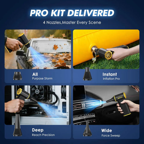 Electric Air Duster Boss 110,000 RPM 120W Cordless Blower for PCs Keyboards Home Car with 4 nozzle attachments on display