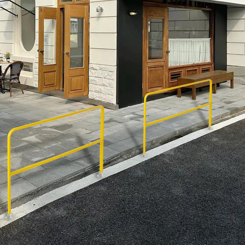 Heavy Duty Industrial Safety Railing 72 Long By 42 High Rock Solid Steel Pipe Guardrail installed outside a building.
