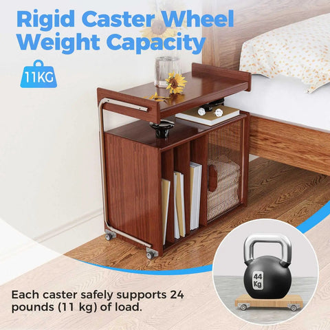 Mini Side Mount Casters Low Profile Rubber Wheels on wooden furniture, showcasing a sturdy design and weight capacity of 11 kg.